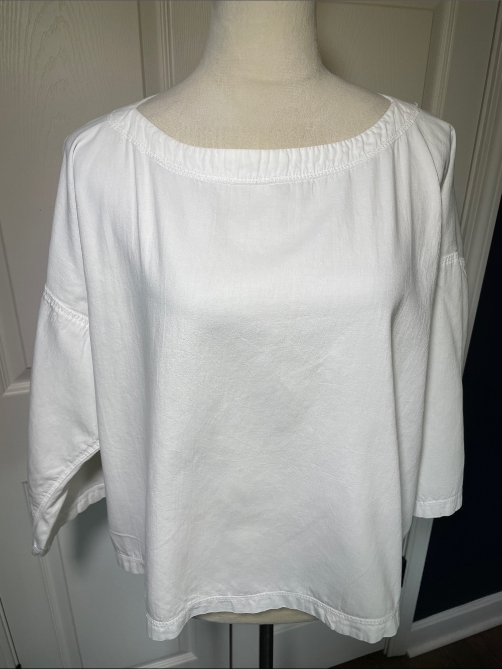 Vintage Bis Bis‎ White Boxy Boatneck 3/4 Sleeve 100% Cotton Blouse Size Small
